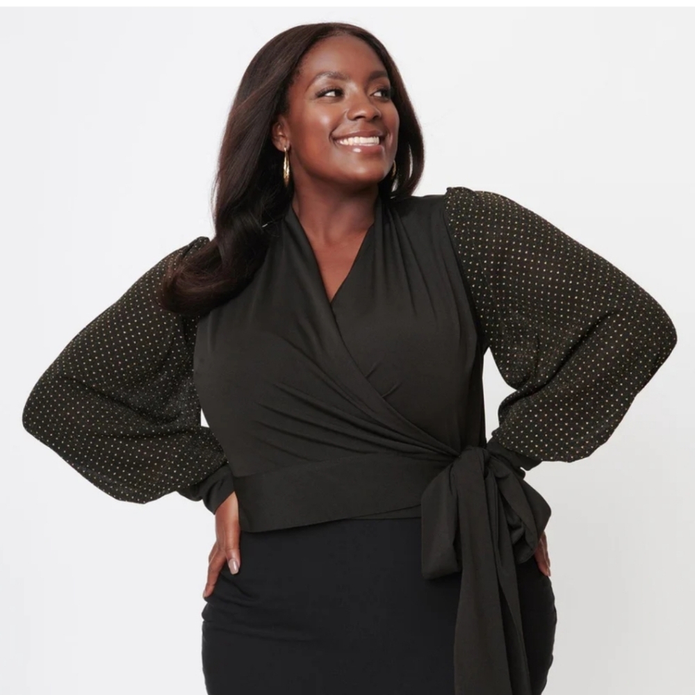 Unique Vintage Black and Gold Pin Dot Giselle Wrap Top
